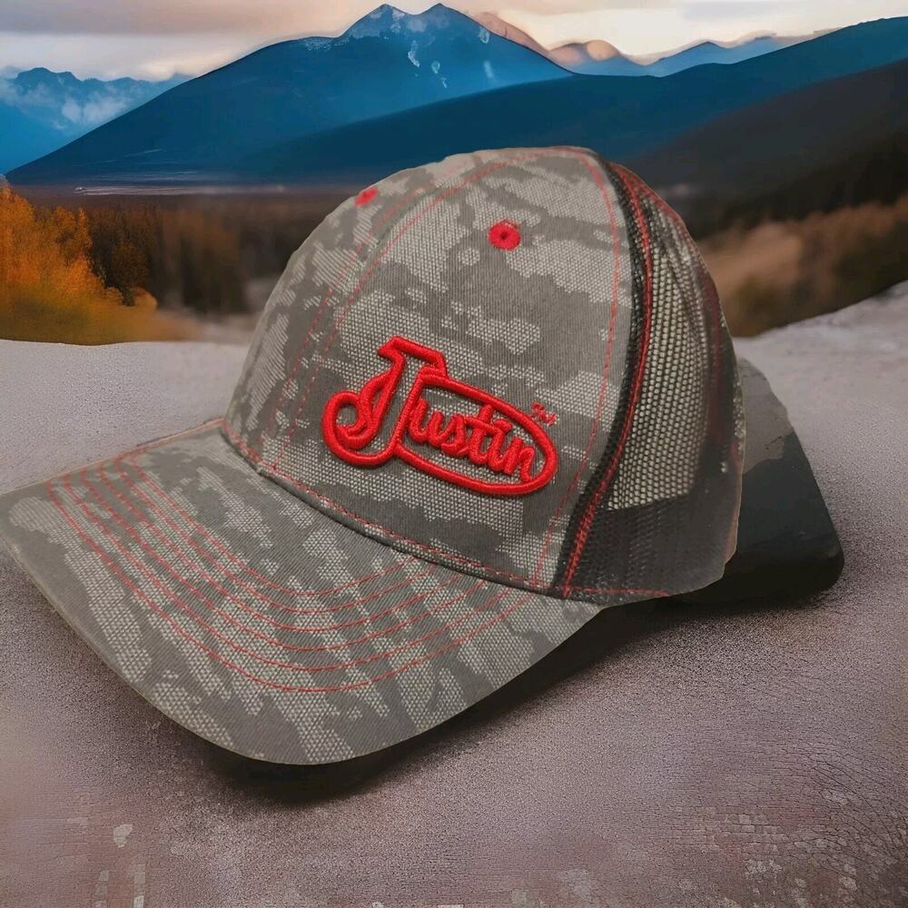 Justin Boots Hat Cap SnapBack Trucker Mesh Hat Gray Black Red Western Cowboy EUC